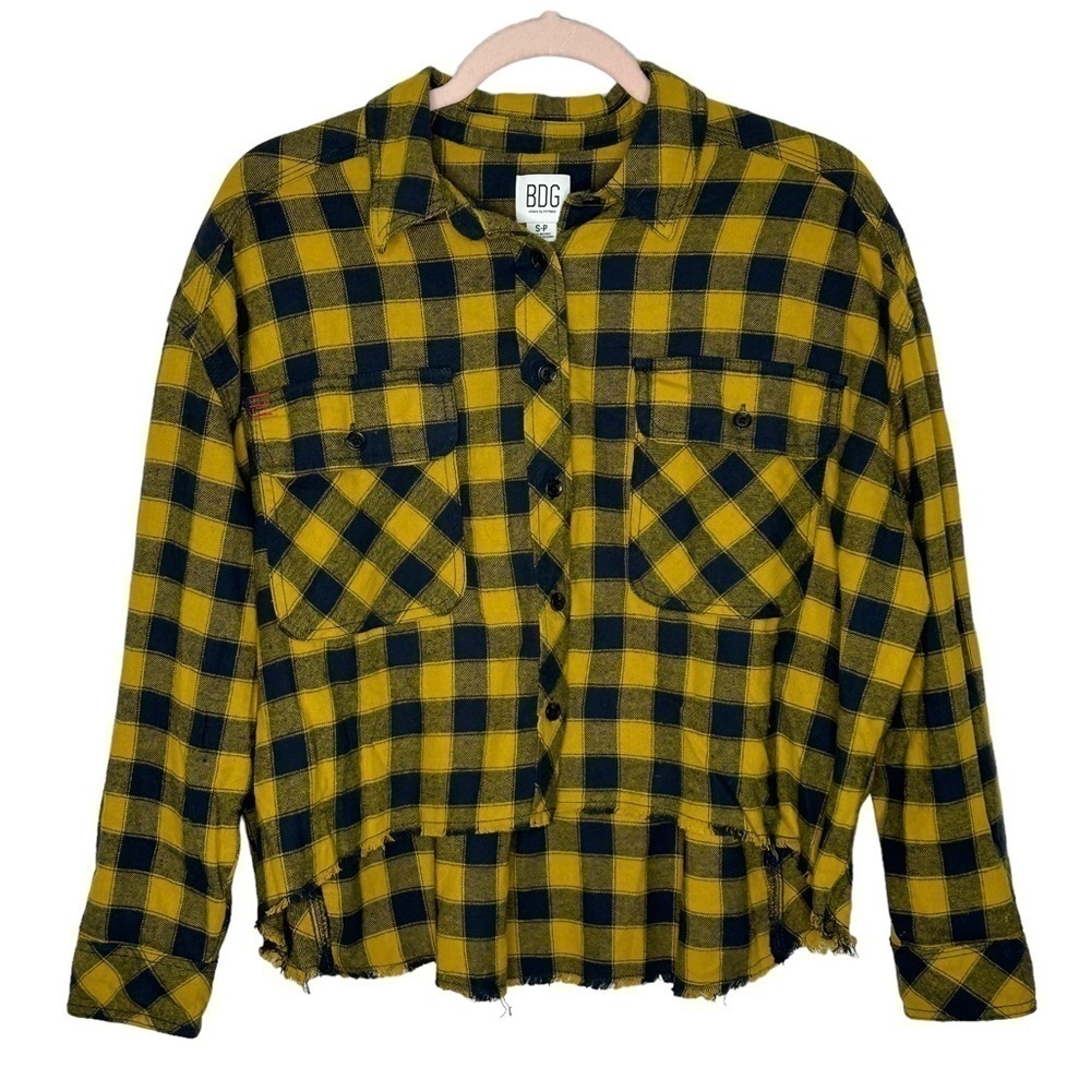 BDG Yellow and Black Plaid High Low Raw Hem Boxy Fit Long Sleeve Button Down Top